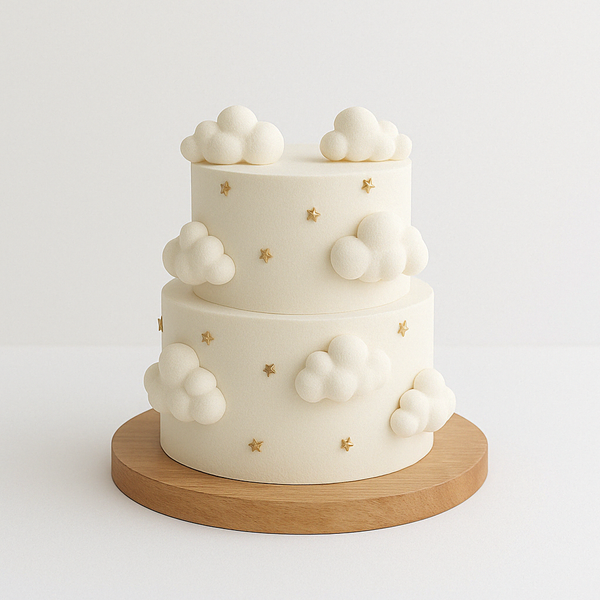 Two-tier white cake with 3D clouds and golden stars, resembling a dreamy sky theme