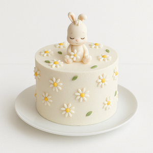 Single-tier white cake decorated with small daisies and a sleeping bunny figure on top, served on a white plate.