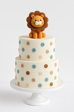 Two-tier polka dot cake with pastel blue, brown, and beige dots, topped with a cute lion figurine, on a white stand.
