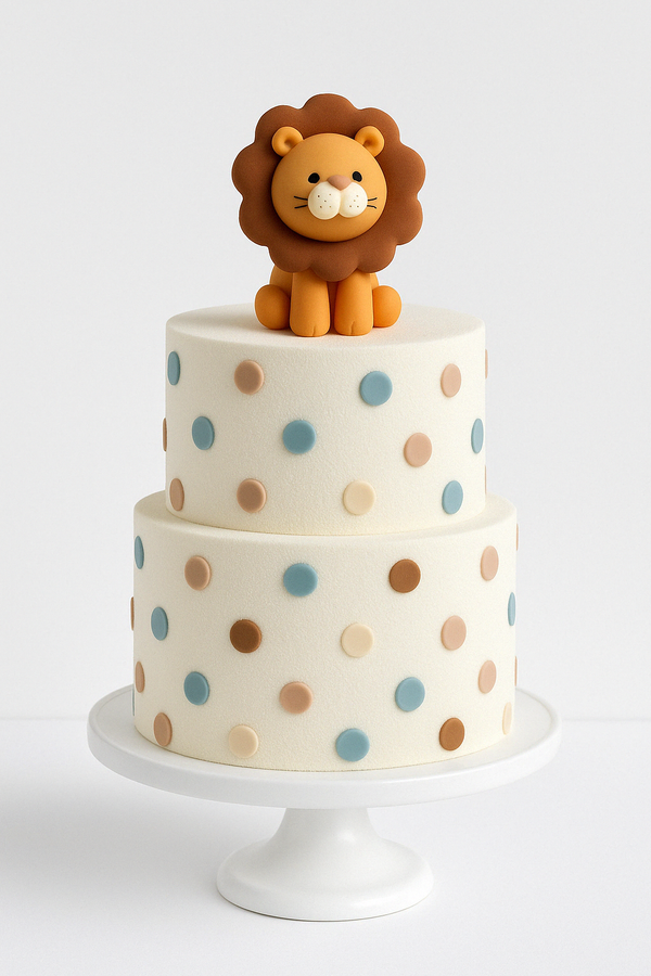 Two-tier polka dot cake with pastel blue, brown, and beige dots, topped with a cute lion figurine, on a white stand.
