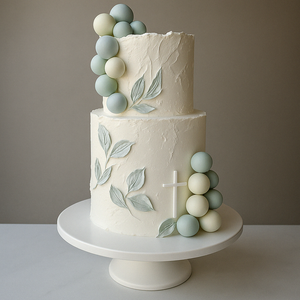 Elegant two-tier white cake decorated with pastel green and blue fondant balls, sugar leaves, and a small white cross, perfect for a baptism or christening celebration.