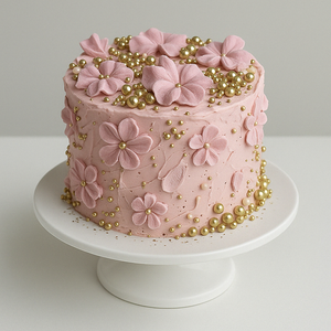 Pink cake with textured floral frosting and gold pearls, topped with matching pink flowers, on a white cake stand.