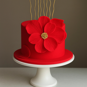 “Striking red celebration cake with a large handcrafted sugar flower and golden decorative lines, ideal for elegant events.”