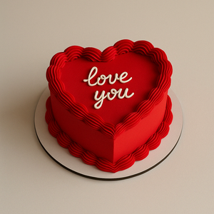 	Heart-shaped red cake with piped red borders and white lettering that says ‘love you’, placed on a round white base.