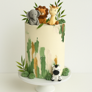 “Jungle-themed cake with textured green brush strokes, fondant animals (elephant, lion, giraffe, zebra), and edible greenery decorations.”
