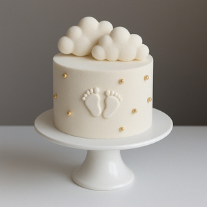 	Cream-colored baby shower cake with white fluffy clouds and small baby footprints, accented with gold pearls.