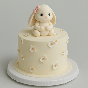 Adorable cream-colored cake decorated with tiny white flowers and a cute fondant bunny with a pink bow sitting on top.