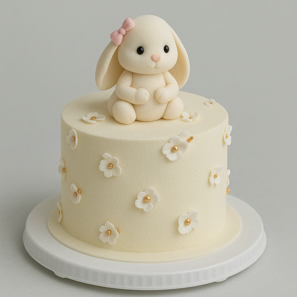 Adorable cream-colored cake decorated with tiny white flowers and a cute fondant bunny with a pink bow sitting on top.