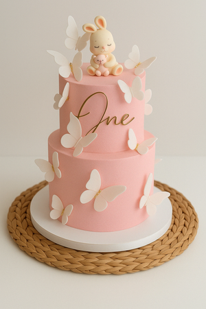 Pink birthday cake with butterflies and a cute bunny holding a teddy bear on top, decorated with "One" text