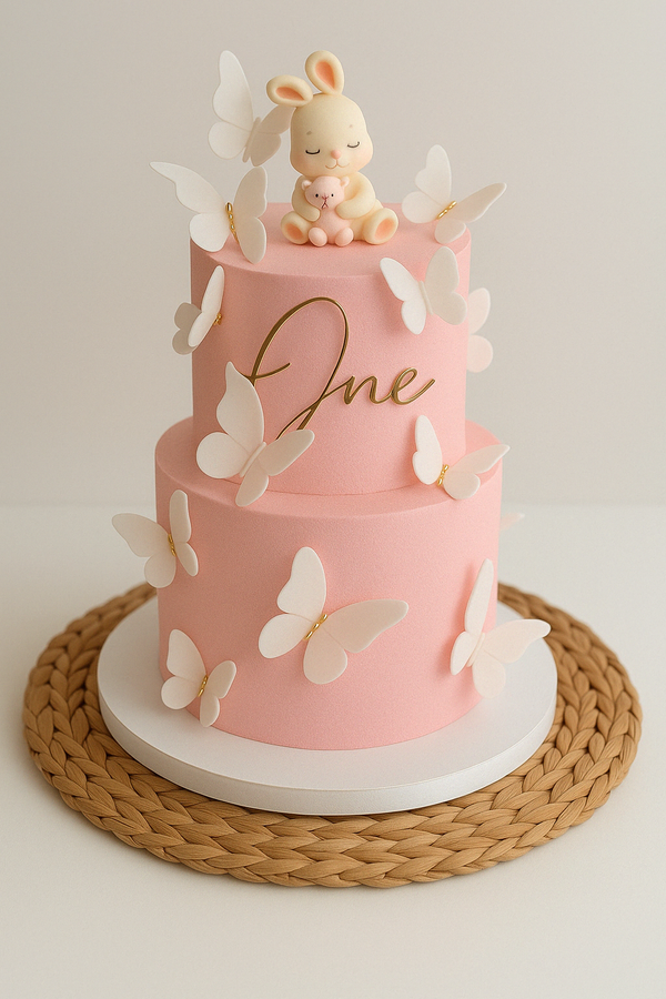 Pink birthday cake with butterflies and a cute bunny holding a teddy bear on top, decorated with "One" text