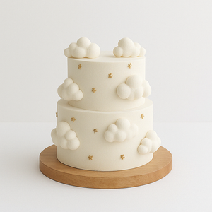 Two-tier white cake with 3D clouds and golden stars, resembling a dreamy sky theme