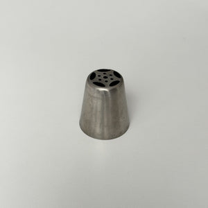 metallic cone-shaped object with a central hole on a light gray background
