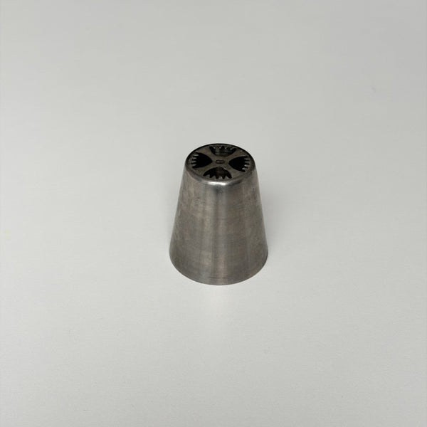 metallic cone-shaped object on a light gray background