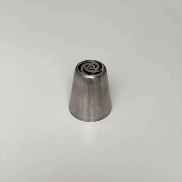 metallic cone-shaped object with a central spiral design on a light gray background