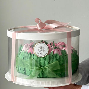 handmade marshmallow tulip flower cake packaged in clear gift box